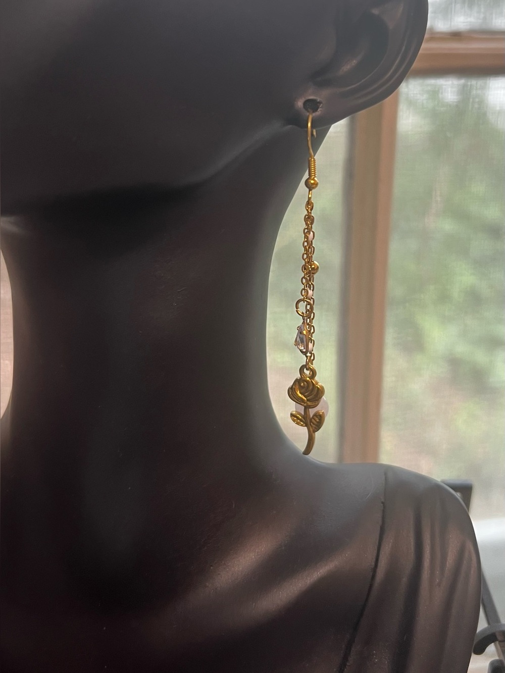 18k Gold Rose Crystal  Dangle Earrings w Natural White Quartz Stone - Picture 2 of 2